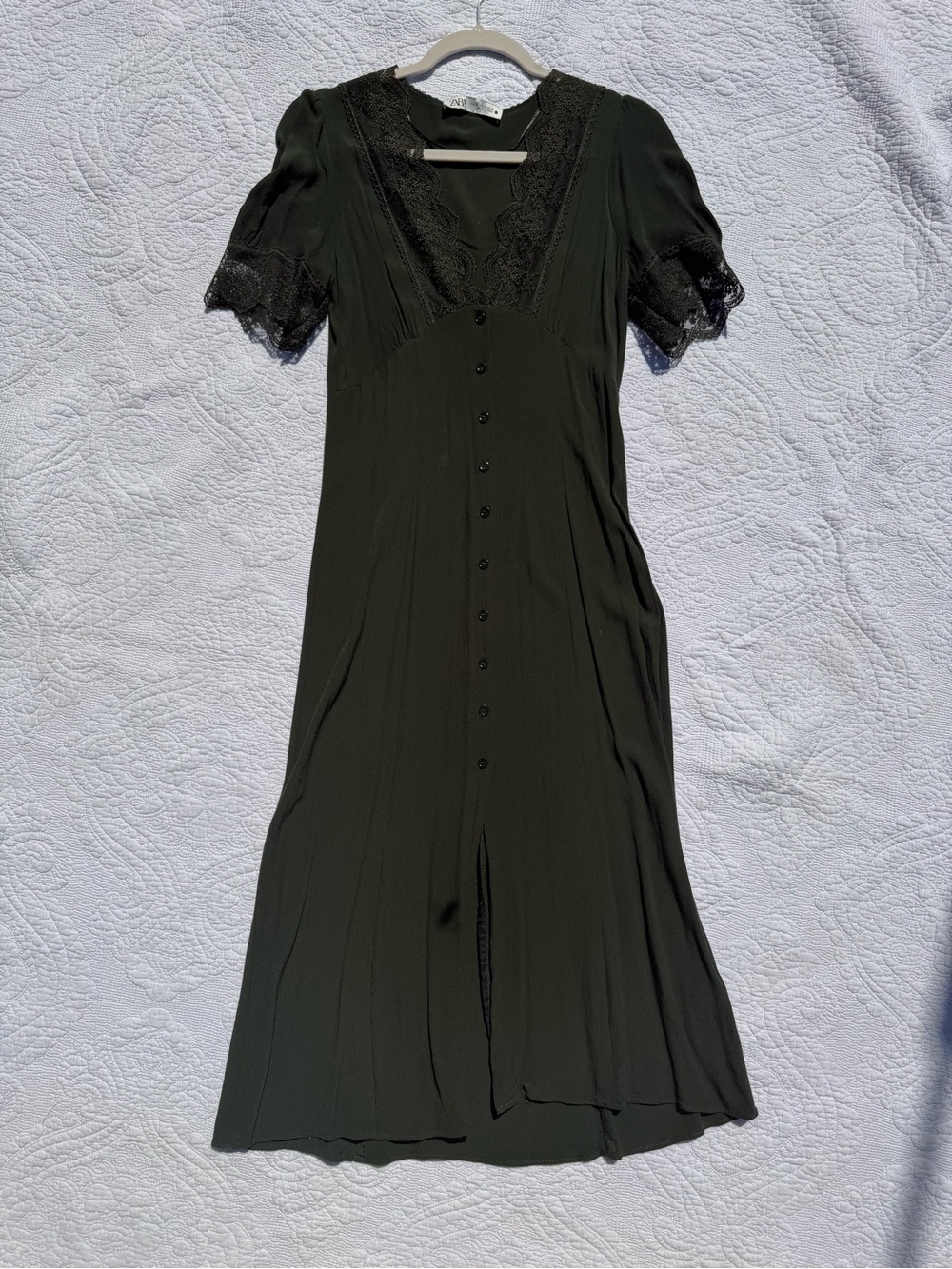 Zara Elegant Black Lace-Trim Button-Front Dress